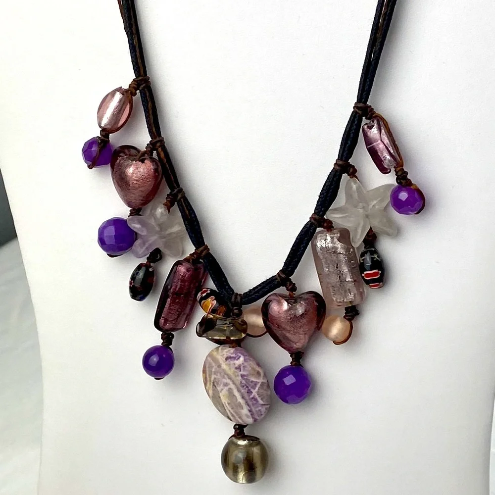 Corded braided dichroic glass polished stone w faceted Millefiori beads necklace